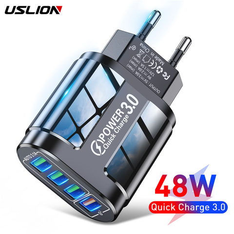 USLION-cargador USB de 48W para móvil, dispositivo de carga rápida QC 3,0, de pared, para iPhone 12, 11, Samsung, Xiaomi, 4 puertos, adaptador de enchufe europeo y estadounidense para viaje ► Foto 1/6