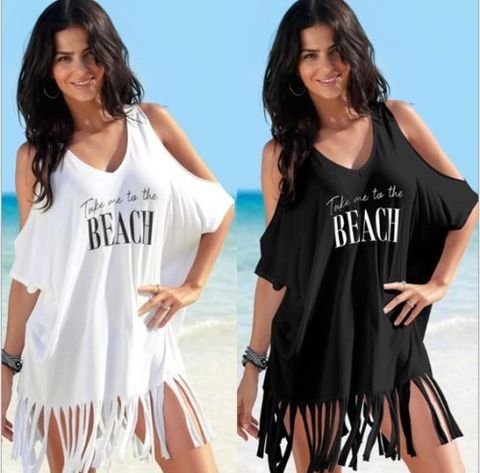 Vestido playero blanco con hombros descubiertos para mujer, blusas informales sueltas con flecos, ropa de baño ► Foto 1/5