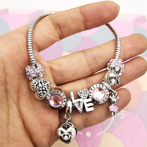 Pulsera de cuentas de amor FOREVER para mujer, brazalete de cadena de Color plateado, joyería de Navidad para pareja, regalo ► Foto 1/1