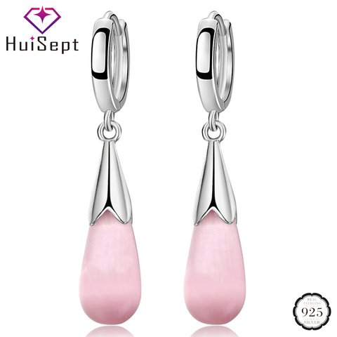 HuiSept-pendientes de plata de ley 925 con diseño de gota de agua, pendientes de color rosa de ojos de gato con piedras de estilo largo, con adornos, para mujeres ► Foto 1/5