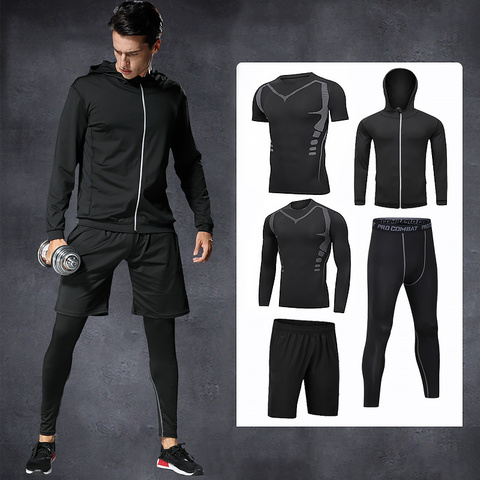 5 unids/set de los hombres ropa deportiva hombre lycra traje de hombre de mma de compresión de los hombres ropa de manga larga Camiseta + polainas ► Foto 1/6