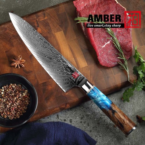 Cuchillo de acero damasco ámbar VG10, herramienta de cocina de Chef japonés con mango de ébano, cuchillo de cocina chino ► Foto 1/6