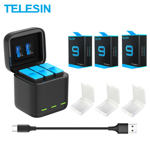 TELESIN-Batería de 1750 mAh para GoPro Hero 9, cargador de batería con luz LED de 3 vías, tarjeta TF, almacenamiento de batería para GoPro Hero 9, color negro ► Foto 1/6