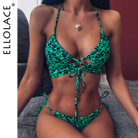 Ellolace Animal Bikini Push Up traje de baño de las mujeres leopardo Mujer venda Sexy traje de baño de mujeres Monokini cuello Halter con espalda descubierta de baño traje de baño ► Foto 1/6