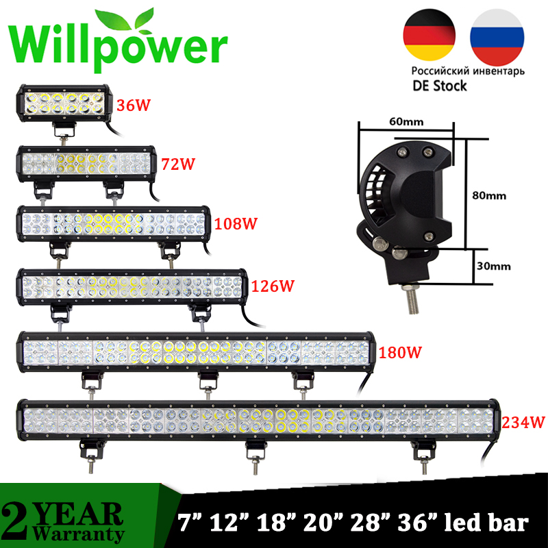 Willpower-Barra de luz Led para todoterreno luz LED de inundación para  motocicleta UAZ 4WD, SUV, ATV, 4x4, 36W, 72W, 108W, 126W, 180W - Historial  de precios y revisión