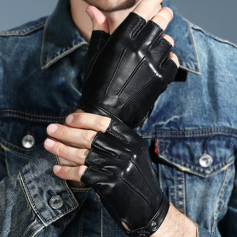 Guantes de cuero genuino para hombres y mujeres, mitones sin dedos negros, guantes tácticos de cuero para conducir al aire libre para hombres AGB646 ► Foto 1/6