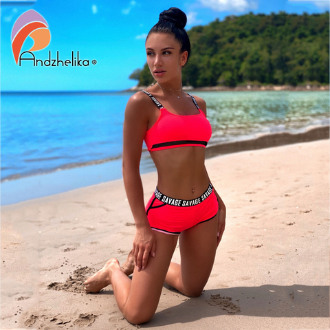 Andzhelika-Bikini deportivo para mujer, traje deportivo para playa de dos piezas de copa sueva con letras en tira elástica color negro, cintura media ► Foto 1/6