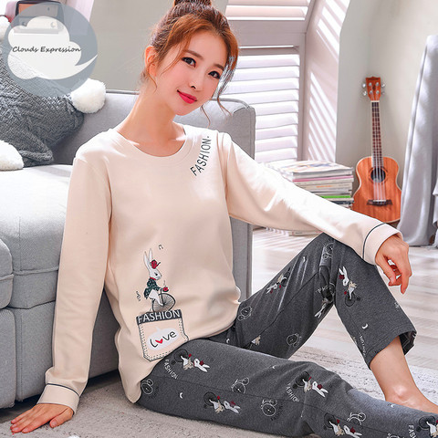 Pijama de manga larga con pantalón largo para mujer, Conjunto de pijama de dibujos animados de algodón, M L XL XXL XXXL, para invierno ► Foto 1/6