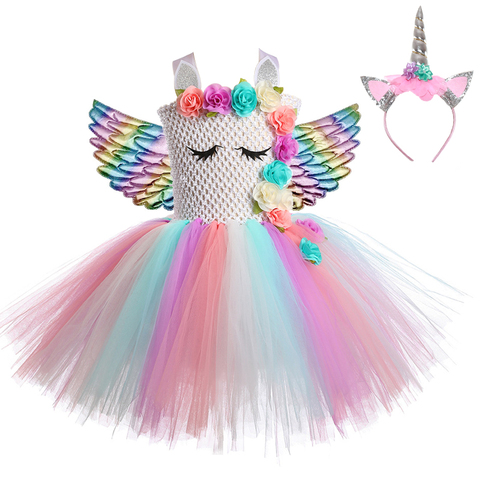 Conjunto de vestido de princesa unicornio para niña, tutú para niña, Cosplay de cumpleaños, Halloween, disfraz de fiesta de unicornio arcoíris con alas ► Foto 1/6