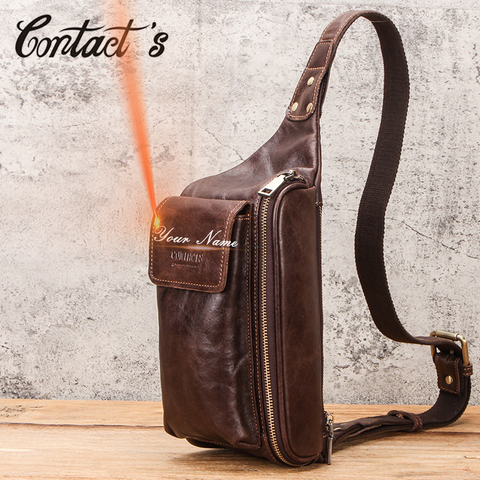 Bolsa de cabestrillo para el pecho para hombre, bandolera de cuero genuino, informal, de viaje, de gran capacidad, grabado gratis ► Foto 1/6