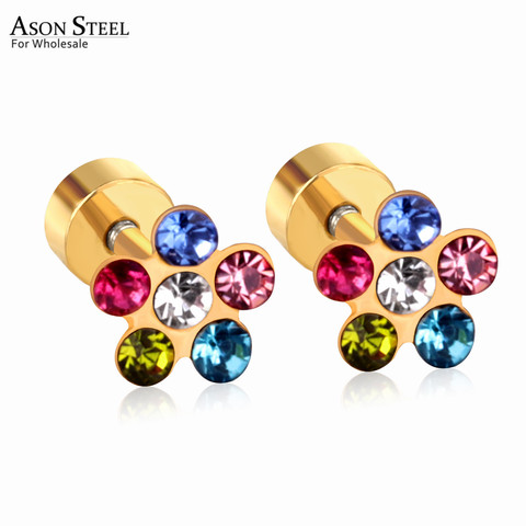 Pendientes de flores coloridos de acero ASONSTEEL chico/niñas/bebés estilo mixto Acero inoxidable cúbico Zironia pendiente joyería de moda fiesta ► Foto 1/6