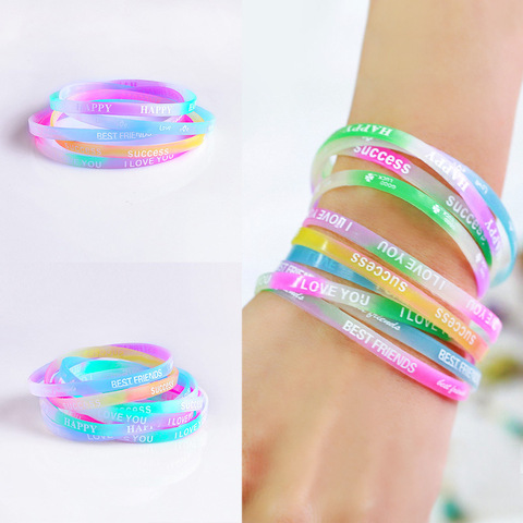 10 unidades/juego de pulsera de silicona luminosa para niños, letras de colores caramelo, brazalete con movimiento, pulsera de goma estampada, joyería para bebé ► Foto 1/6