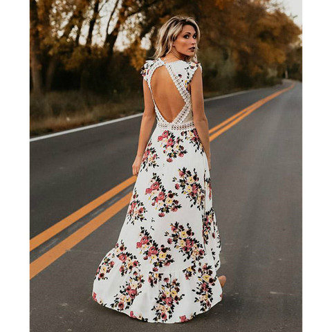 Marca elegante para mujer Boho Maxi vestido largo fiesta vacaciones bohemias en la playa vestido flores vestidos Sexy sin espalda ► Foto 1/6