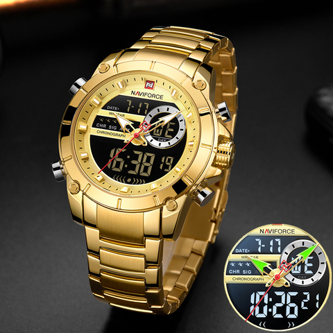 NAVIFORCE-Reloj de pulsera deportivo para hombre, de acero, de cuarzo dorado, resistente al agua, con pantalla Dual, Masculino, 9163 ► Foto 1/6