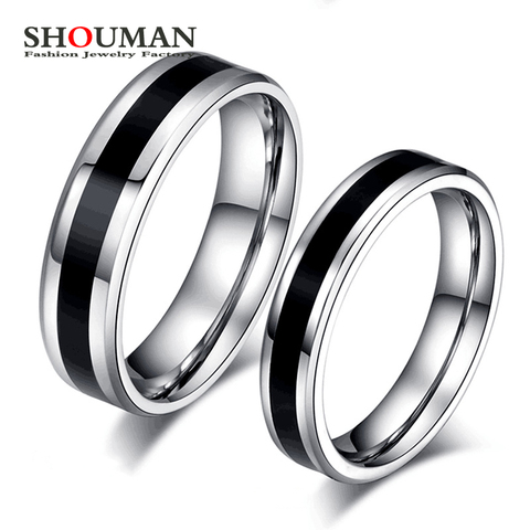 SHOUMAN-Anillo de boda de acero inoxidable para hombre y mujer, sortija de dedo Simple, línea negra, joyería ► Foto 1/5