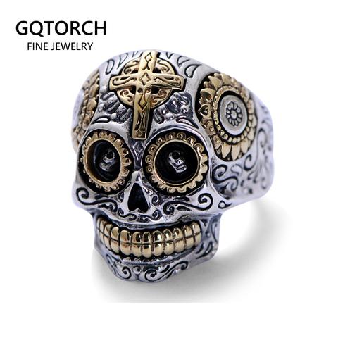 Anillos con calavera de azúcar de plata sólida 925 auténtica para hombre, anillos mejicanos Retro de Color dorado con Cruz y sol grabados, joyería Punk ► Foto 1/6