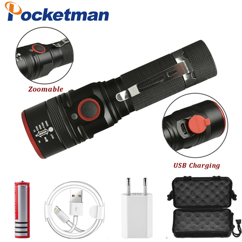 Linterna recargable USB 5200LM XML-T6 linterna Led Zoomable 3 modos antorcha para 18650 con cable USB Camping ► Foto 1/6