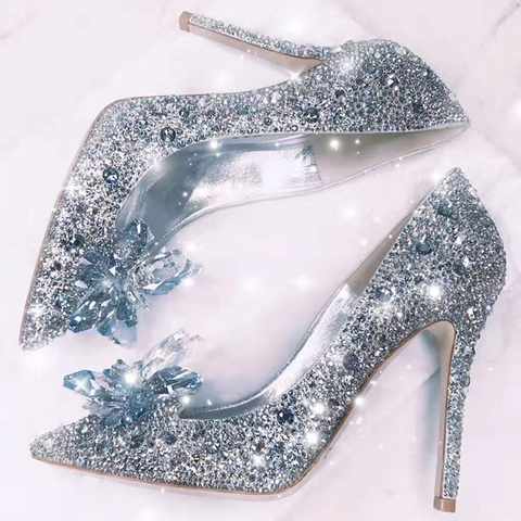 2022 nuevos zapatos de Cenicienta tacones altos de diamantes de imitación zapatos de mujer puntiagudos para fiesta de boda de cristal para mujer 5 cm/7 cm/9 cm ► Foto 1/6