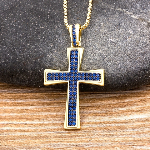 Collar de cadena de oro colgante con Cruz de cristal azul, Gargantilla de cobre cúbica, 4 colores a elegir, joyas de religión, 2022 ► Foto 1/6