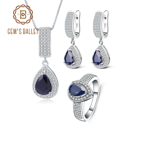 GEM'S BALLET-Conjunto de joyería de GEMA de zafiro azul Natural para mujer, conjunto de colgante de plata de ley 925, conjunto de anillo y pendientes ► Foto 1/6