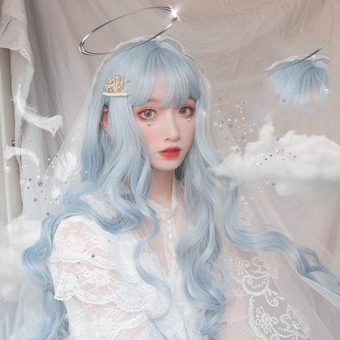 MANWEI Lolita-Peluca de cabello sintético con flequillo resistente al calor, rizado largo, color azul, 70CM ► Foto 1/6