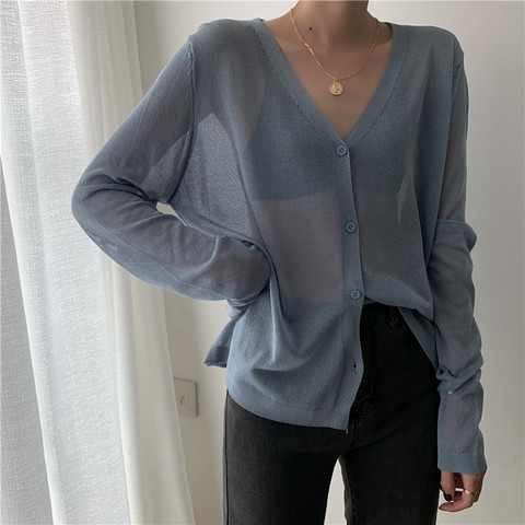 Chaqueta de mujer Coreana de manga larga Cardigan verano Chaqueta corta de punto con cuello en V de hielo delgado jerséis de seda protector solar camiseta Tops ► Foto 1/6