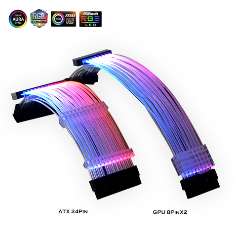 PSU, Cable de extensión RGB ATX 24Pin GPU 8Pin Triple Streamer PCI-E de 6 + 2P Dual cuerda de arcoíris 5V sincronización PC funda de decoración ► Foto 1/6