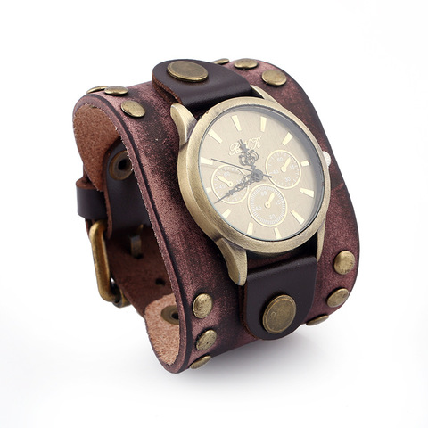 Reloj de pulsera Retro para hombre, de cuero, ancho, Punk, Rock, marrón ► Foto 1/6