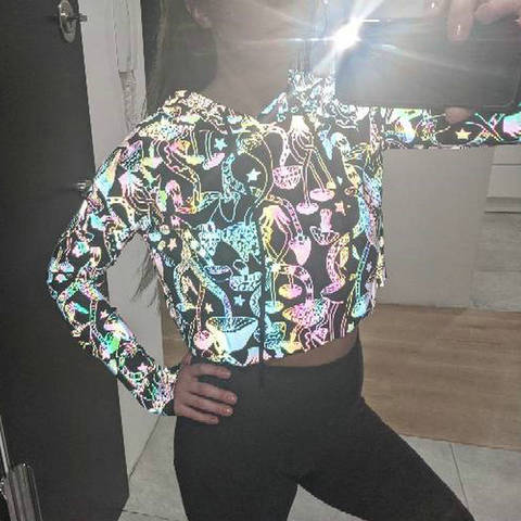 Chaqueta corta reflectante de luz para mujer, Tops cortos para correr, diseño de seta colorida, Abrigo con capucha reflectante de noche ► Foto 1/6