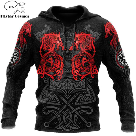 Sudadera con capucha de marca para hombre, con estampado 3D de tatuaje de lobo Vikingo, color rojo, con cremallera, informal, DW0203 ► Foto 1/6