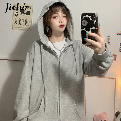 Jielur-sudaderas con capucha grises para mujer, chándal de otoño con cremallera, color rojo y negro, moda urbana, Harajuku, M-XXL, 2022 ► Foto 1/6