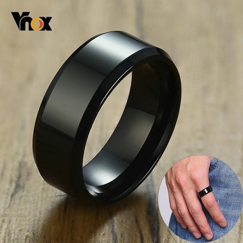 Vnox-anillo negro clásico para hombre y mujer, 8mm, superficie brillante, Alianza de boda de acero inoxidable, Anel informal ► Foto 1/6