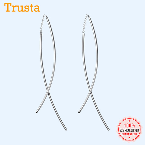 Trusta 100%, Pendientes colgantes de Plata de Ley 925 auténtica, 10,5 cm, doble palo entrelazado para mujeres y niñas, joyería al por mayor DS1426 ► Foto 1/6