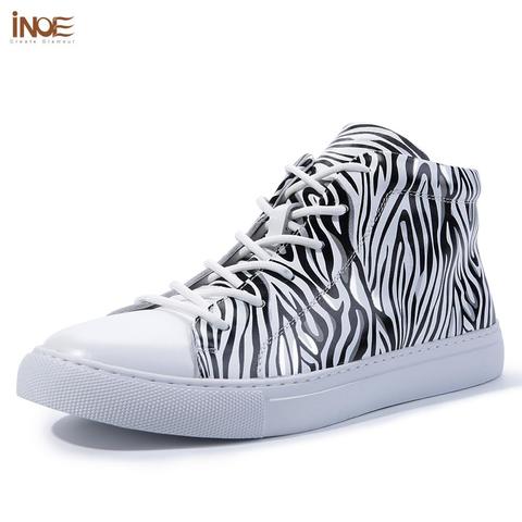 INOE-zapatillas de deporte de piel auténtica para mujer, zapatos informales a la moda para primavera y otoño, con patrón de cebra, zapatos planos tiempo libre, color blanco ► Foto 1/6