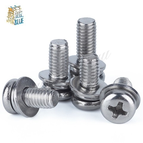 5/50 Uds cabeza plana cruciforme tornillo con arandela de acero inoxidable M2 M3 M4 M5 M6 M8 tres combinación de máquina de tornillo sems ► Foto 1/4