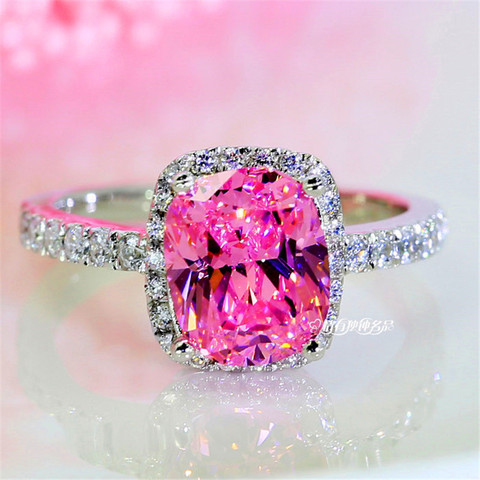 De Lujo mujer niña princesa anillo con Piedra Rosa bohemios plata Color de boda diamante anillo anillos boda banda promesa anillos de compromiso y amor para las mujeres ► Foto 1/6