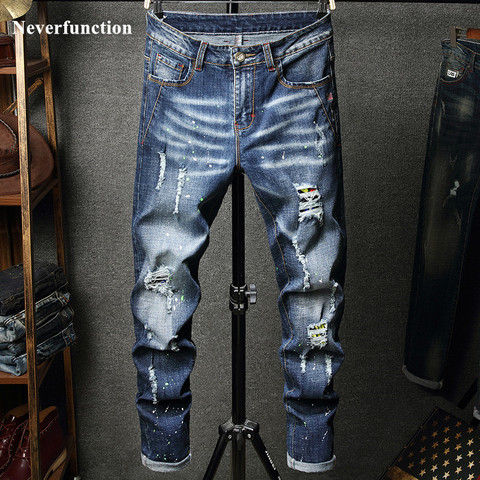 2022 hombres Hip Hop vaqueros Stretch pantalones vaqueros ceñidos pantalones streetwear hombre agujeros tinta estampada de mendigo pantalones de mezclilla ► Foto 1/6