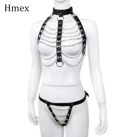 Arnés de cuero para mujer, conjunto de 2 piezas, cinturón fetiche Rave, cadena, sujetador Sexy Punk, liguero, cinturón de Bondage para cuerpo femenino, correas para el pecho, gótico ► Foto 1/6