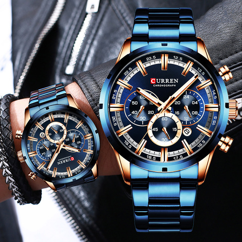 Curren-reloj para hombre, esfera azul, de acero inoxidable, con fecha, de negocios, resistente al agua, de lujo, masculino ► Foto 1/6