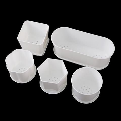 Maceta de flor poligonal minimalista blanca con bandeja, Maceta de jardín de plástico grueso para jardinería, pequeña maceta para interior, plantas carnosas, 1 ud. ► Foto 1/6