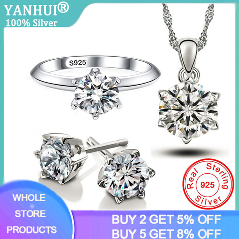 YANHUI-conjunto de joyas de plata de ley 100% originales, joyería de lujo de 1 quilate, anillos de diamantes de laboratorio, pendientes, collares, conjunto, accesorios de boda ► Foto 1/6