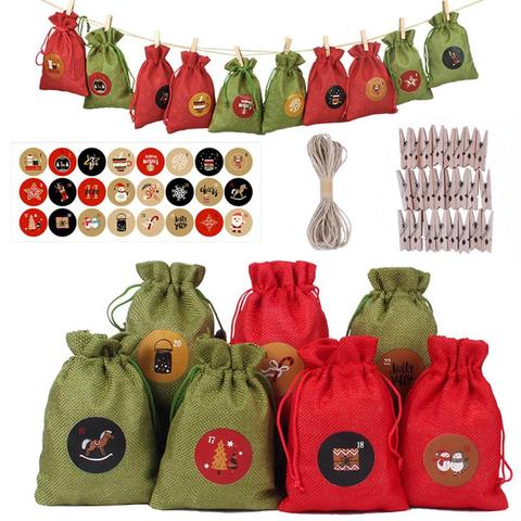 Bolsa colgante con calendario de adviento para Navidad, saco de regalo de dulces con Clips, pegatinas, cuerda, decoración de Navidad para el hogar, 24 Uds. ► Foto 1/6