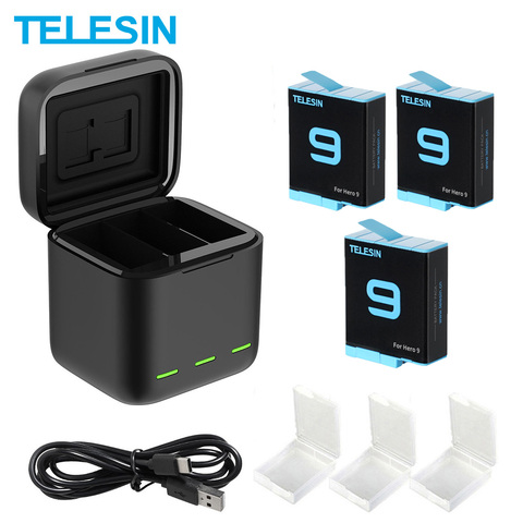 TELESIN-cargador de luz LED de 3 vías para GoPro 9 Bttery 1750 mAh, tarjeta TF, almacenamiento de batería para GoPro Hero 9, Accesorios Negros ► Foto 1/6