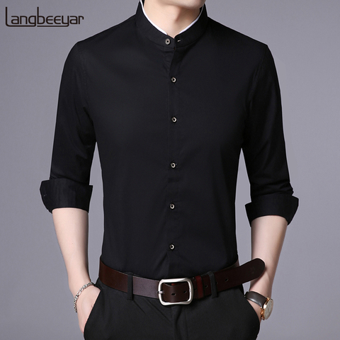 Camisa de marca de moda para hombre, camisa de cuello Mandarín de manga larga, ajuste Regular, de algodón, vestido coreano negro, ropa informal, 2022 ► Foto 1/6