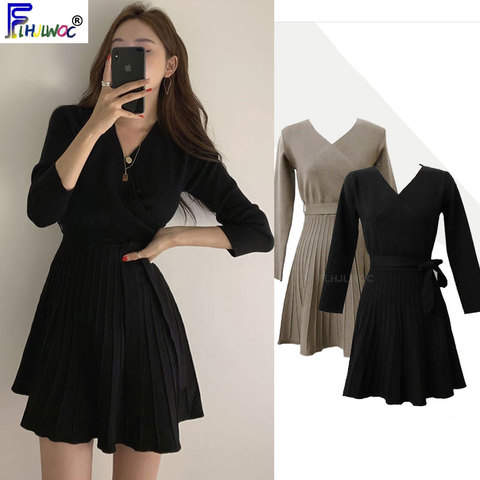 Vestidos de punto de invierno gran oferta de manga larga de las mujeres de Corea del estilo de diseño corbata de lazo una línea V cuello lindo Mini pequeño negro vestido 12112 ► Foto 1/6