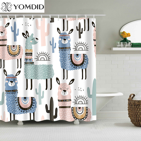 Cortina de baño de patrón de Alpaca cortinas de ducha impermeables de poliéster de dibujos animados cortina de baño impresa para decoración del hogar del baño ► Foto 1/6