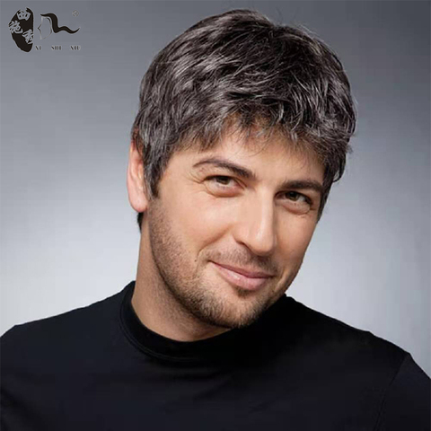 XISHIXIU-Peluca de cabello sintético para hombre, pelo corto liso, peluquín marrón Natural realista ► Foto 1/1