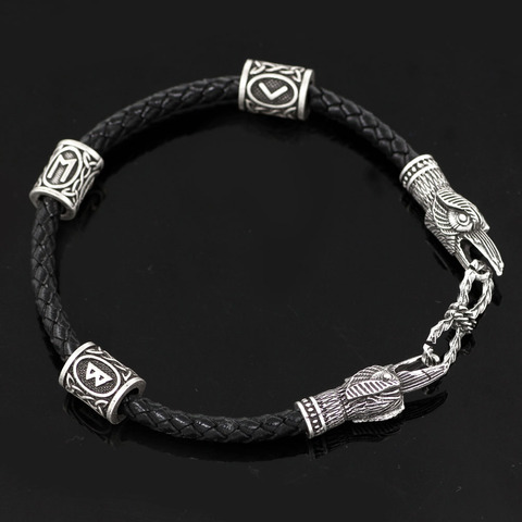 Viking-pulsera con amuleto de cuero auténtico para hombre y mujer, amuleto de Odin Raven, con nudo Vikingo, bolsa de regalo en 3 tamaños ► Foto 1/5