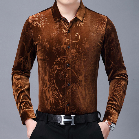 Camisas doradas de terciopelo para hombres, vestido de cuello padre para Stout, blusa de invierno de terciopelo con dragones, franela para hombres, camisas negras ► Foto 1/6