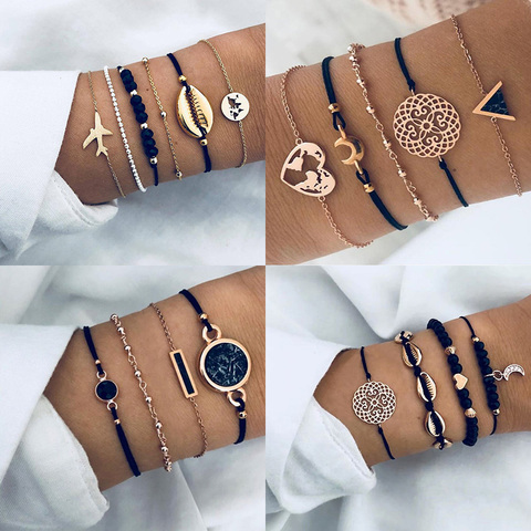 Nuevos Bohemios negro cuerda cadena pulsera para las mujeres aviones de Luna corazón brazalete con dije de cristal de la joyería de Boho ► Foto 1/6